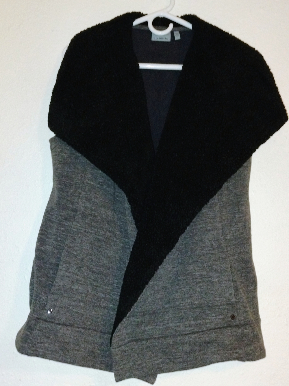Athleta Grey Knit Vest with Black Plush Shawl Collar